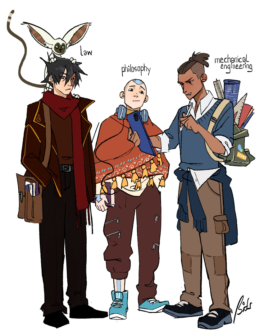 3boys aang absurdres alternate_costume alternate_universe avatar:_the_last_airbender avatar_legends backpack bag bald belt bitsbytits black_belt black_footwear black_hair black_pants blue_footwear blue_jacket blue_sweater brown_bag brown_jacket brown_pants brown_shirt burn_scar clothes_around_waist contemporary dark-skinned_male dark_skin dress_pants dress_shirt full_body green_bag hair_ornament hand_in_pants headphones headphones_around_neck highres holding holding_stylus holding_tablet_pc jacket jacket_around_waist lapels loafers momo_(avatar) multiple_boys open_clothes open_jacket pants poncho red_scarf scar scar_on_face scarf shirt shirt_tucked_in shirt_under_sweater shoes short_hair shoulder_bag simple_background sneakers sokka stylus sweater sweatpants tablet_pc underwear white_background white_shirt zuko