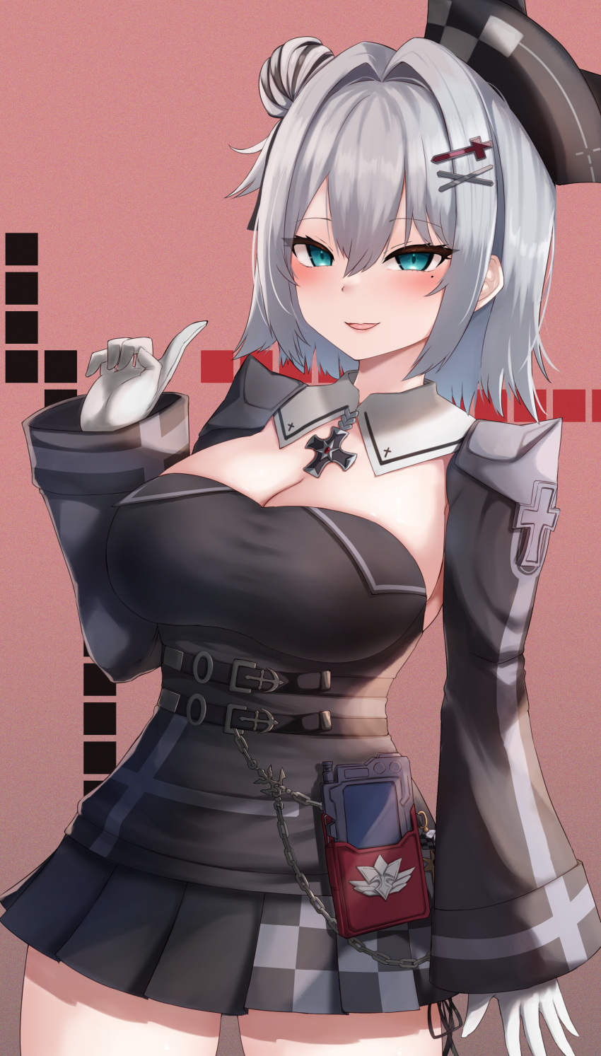 1girl :d absurdres azur_lane black_shirt blue_eyes blush breasts checkered_clothes checkered_skirt cleavage cowboy_shot cross detached_collar detached_sleeves gloves hair_between_eyes hair_bun hair_ornament hairclip half-closed_eyes hand_up hat highres hip_focus index_finger_raised iron_cross jade_(azur_lane) long_sleeves looking_back medium_breasts medium_hair miniskirt mole mole_under_eye pleated_skirt pointing pointing_at_self shirt single_hair_bun skirt smile solo standing white_gloves white_hair wide_sleeves x_hair_ornament yuu_cream