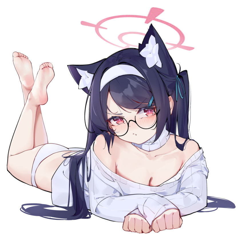 1girl absurdres alternate_costume animal_ear_fluff animal_ears ass barefoot bespectacled black-framed_eyewear black_hair blue_archive blush breasts cat_ears cleavage closed_mouth collarbone extra_ears fang glasses hairband halo highres large_breasts long_hair long_sleeves lying on_stomach painterliuhao panties pink_halo red_eyes serika_(blue_archive) simple_background soles solo sweater the_pose toes twintails underwear white_background white_hairband white_panties white_sweater