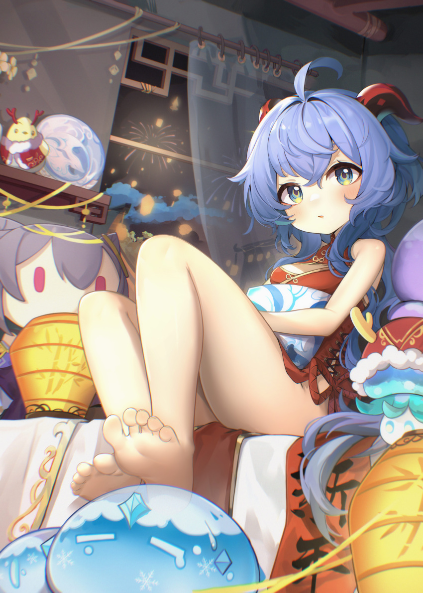 1girl :o absurdres aerial_fireworks aged_down ahoge amiemie117 bare_legs bare_shoulders barefoot blue_eyes blue_hair blush breasts character_doll china_dress chinese_clothes cleavage_cutout clothing_cutout cloud crossed_bangs curtains dress feet fireworks fungi_(genshin_impact) ganyu_(genshin_impact) genshin_impact gold_trim hair_between_eyes highres horns indoors lantern lattice long_hair looking_at_viewer mandarin_collar night night_sky orb paper_lantern parted_lips qilin_(mythology) red_dress red_horns red_rope rope shelf sidelocks sitting sky sleeveless sleeveless_dress slime_(genshin_impact) small_breasts soles stuffed_animal stuffed_toy toes very_long_hair window