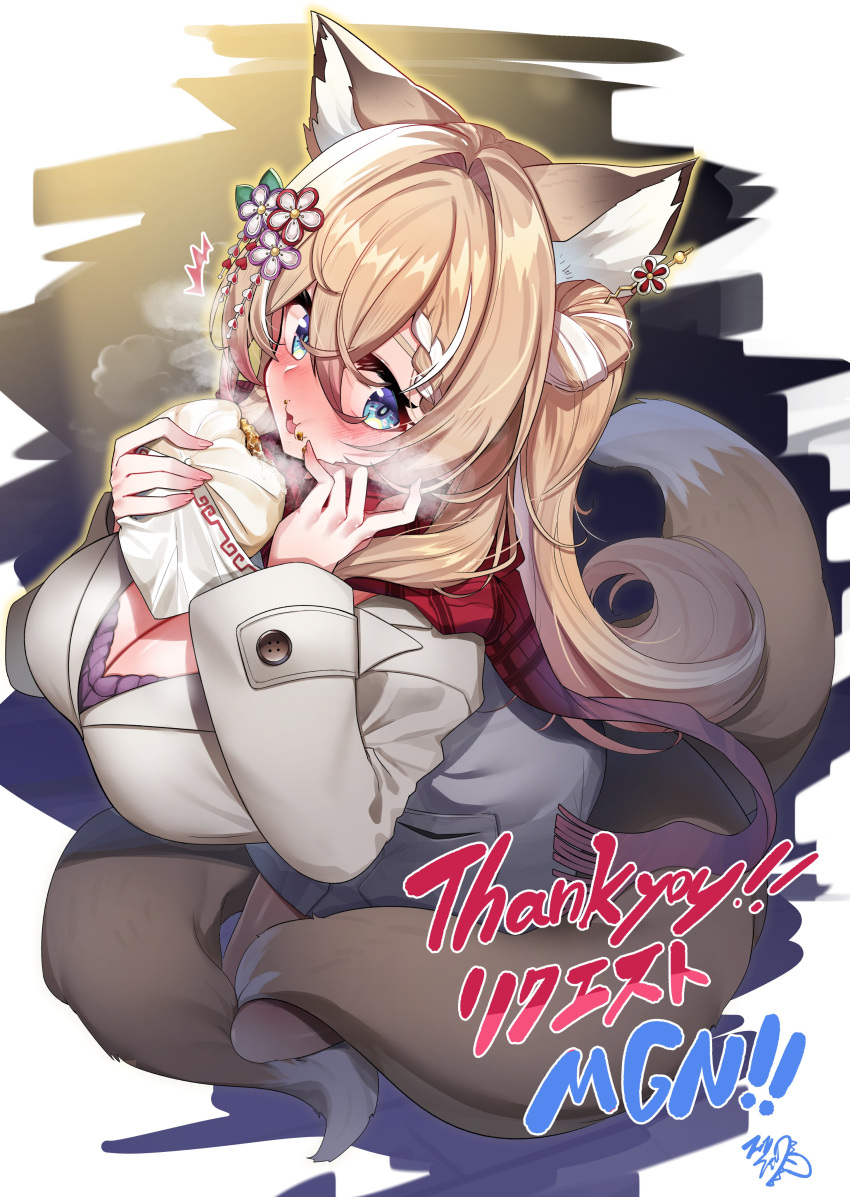 1girl absurdres animal_ear_fluff animal_ears baozi blonde_hair blue_eyes blush breasts cleavage coat commission eating flower food food_on_face fox_ears fox_girl fox_tail grey_coat hair_between_eyes hair_bun hair_flower hair_ornament highres holding holding_food indie_virtual_youtuber koromo_naruru large_breasts looking_at_viewer multicolored_hair multiple_tails red_scarf scarf skeb_commission streaked_hair sui_hi_sf tail thank_you virtual_youtuber white_hair