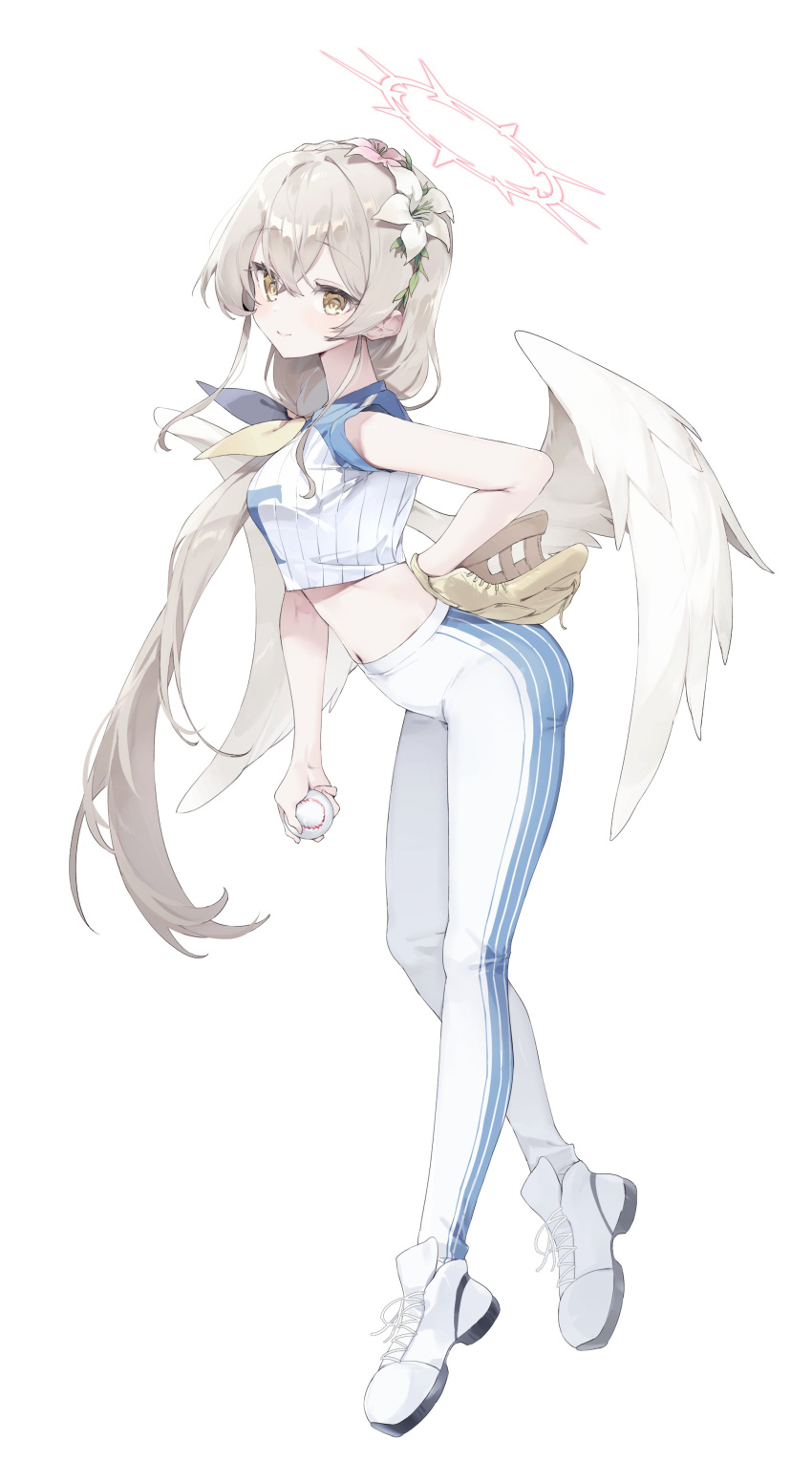 1girl absurdres alternate_costume arm_behind_back ball baseball baseball_mitt blue_archive closed_mouth cross-laced_footwear feathered_wings flower full_body hair_between_eyes hair_flower hair_ornament halo highres holding holding_ball light_brown_hair long_hair looking_at_viewer meunhongcha nagisa_(blue_archive) navel neckerchief pants shirt shoes short_sleeves simple_background smile solo standing striped_clothes striped_pants white_background white_flower white_footwear white_pants white_shirt white_wings wings yellow_eyes yellow_neckerchief