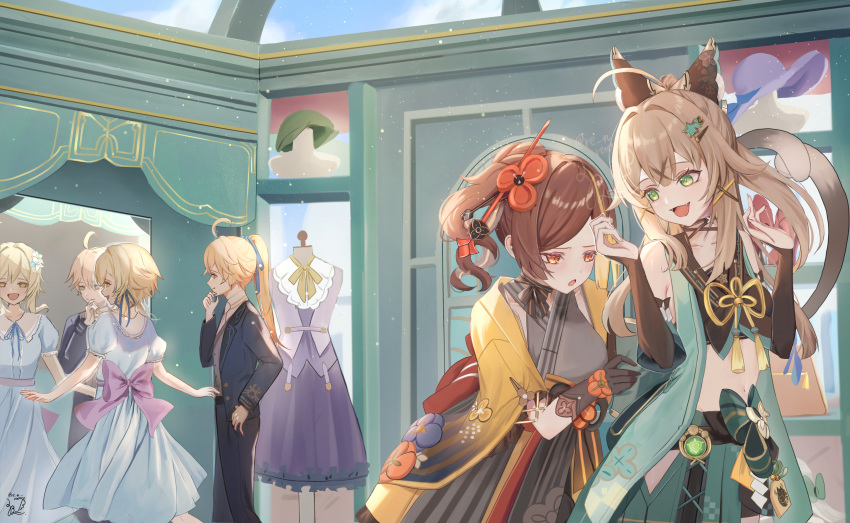 1boy 3girls :d absurdres aether_(genshin_impact) alternate_costume blonde_hair blue_jacket bow brother_and_sister brown_hair cat_tail chiori_(genshin_impact) commentary_request cowboy_shot crop_top dress genshin_impact grey_kimono haori highres indoors jacket japanese_clothes kimono kirara_(genshin_impact) lumine_(genshin_impact) midriff multiple_girls multiple_tails navel open_mouth ponytail purple_bow sazanami_(re_n_rentaro) siblings smile stomach tail two_tails white_dress