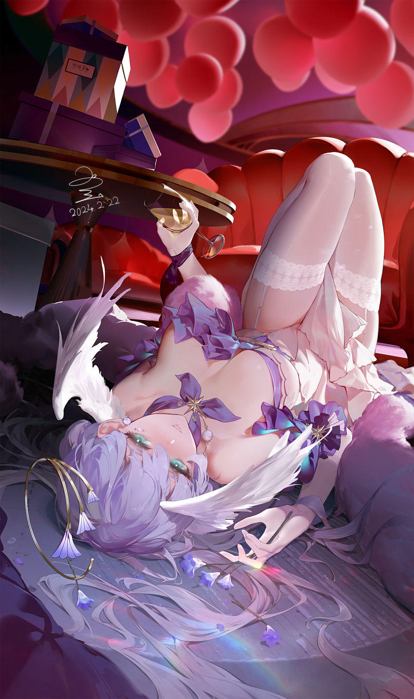 1girl absurdres breasts cup facial_mark flower garter_straps gloves green_eyes head_wings highres holding holding_cup holding_flower honkai:_star_rail honkai_(series) indoors knees_up large_breasts lying on_back parted_lips purple_flower purple_hair ribao robin_(honkai:_star_rail) solo thighhighs white_gloves white_thighhighs wings