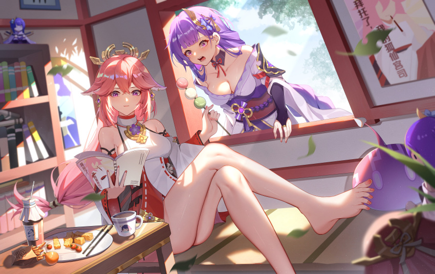 2girls absurdres animal_ears bare_shoulders barefoot book breasts cleavage commentary_request congyu cup dango detached_sleeves food fox_ears genshin_impact highres holding holding_book holding_food japanese_clothes kimono long_sleeves multiple_girls obi off_shoulder open_mouth pink_hair purple_eyes purple_hair purple_kimono raiden_shogun red_sash sanshoku_dango sash teacup thighs wagashi yae_miko