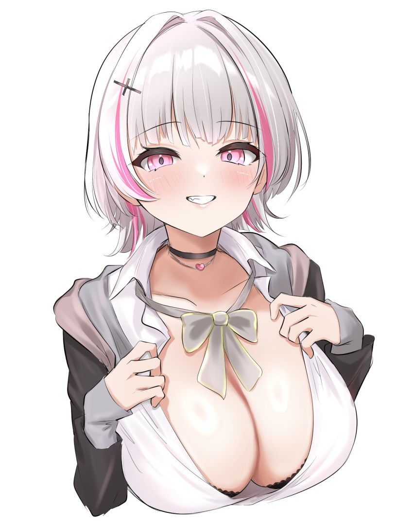 1girl alternate_breast_size asumi_sena black_bra black_choker black_jacket blush bow bowtie bra bra_peek breasts choker cleavage collarbone grey_bow grey_bowtie grey_hair grin hair_ornament hands_on_own_chest heart heart_necklace highres jacket jewelry large_breasts looking_at_viewer multicolored_hair necklace open_clothes open_shirt pink_eyes pink_hair prsdubstep shirt simple_background sleeves_past_wrists smile solo streaked_hair underwear upper_body virtual_youtuber vspo! white_background white_shirt