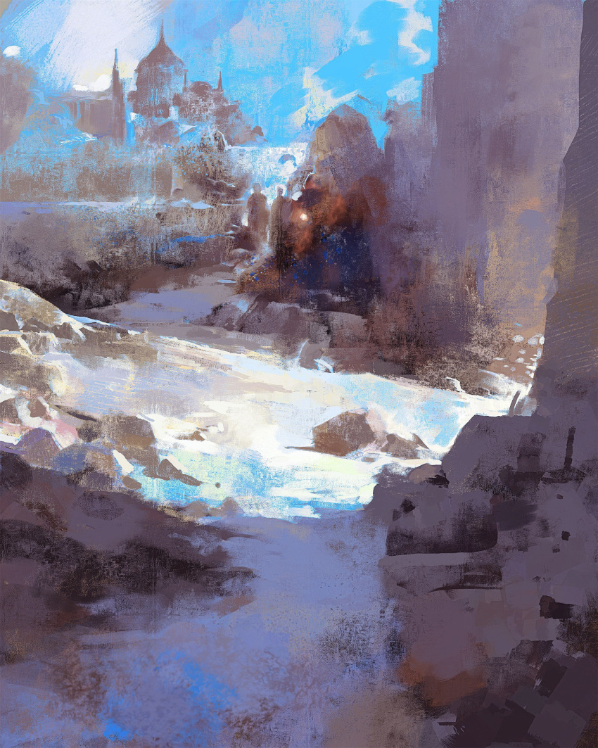 2others absurdres blue_sky building castle cliff cloud commentary day english_commentary faux_traditional_media highres lamp landscape mountain multiple_others original outdoors painterly rock rubble scenery sky snow tree water yuming_li