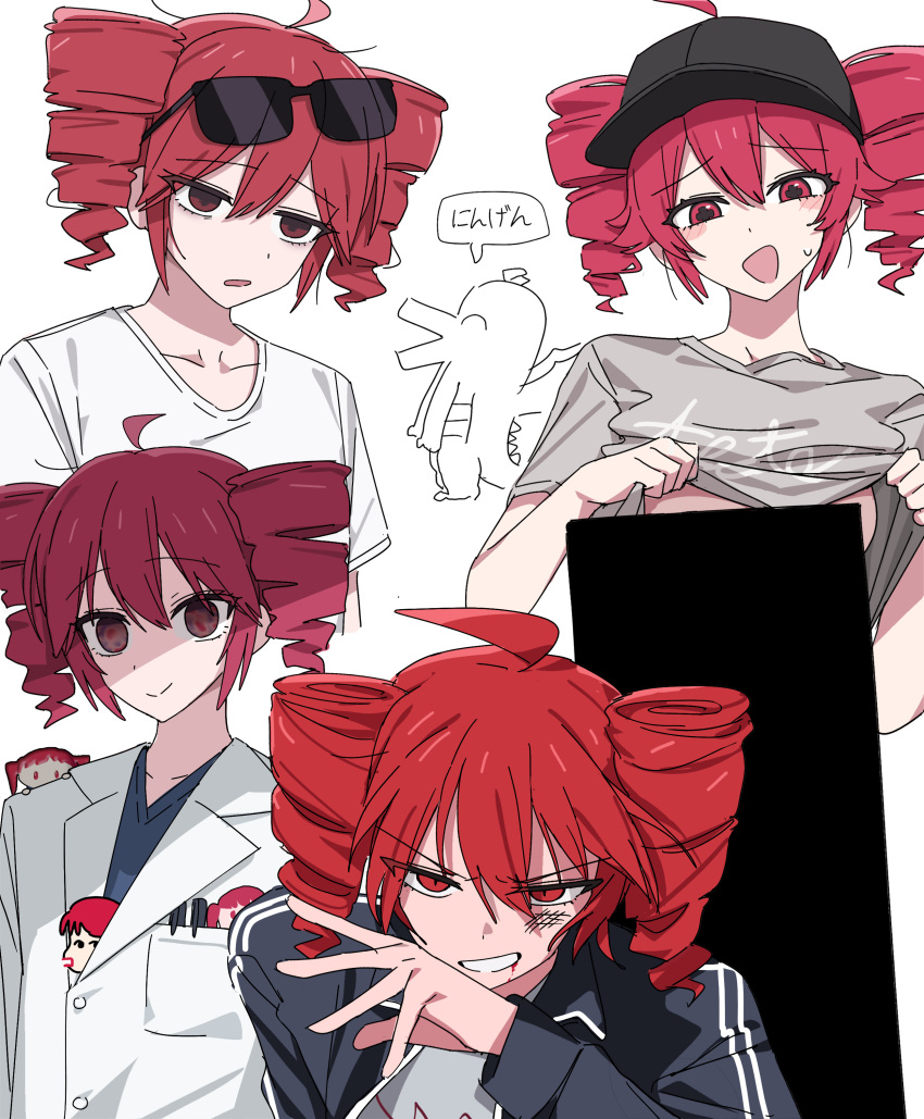 1girl absurdres ahoge baseball_cap black_hat censored drill_hair grey_shirt hair_between_eyes hat highres hito_mania_(utau) kasane_teto long_sleeves looking_at_viewer multiple_girls open_mouth override_(synthesizer_v) red_eyes red_hair shirt simple_background smile solo suki_na_souzai_happyou_dragon_(utau) synthesizer_v tanosii_chan twin_drills twintails utau white_background