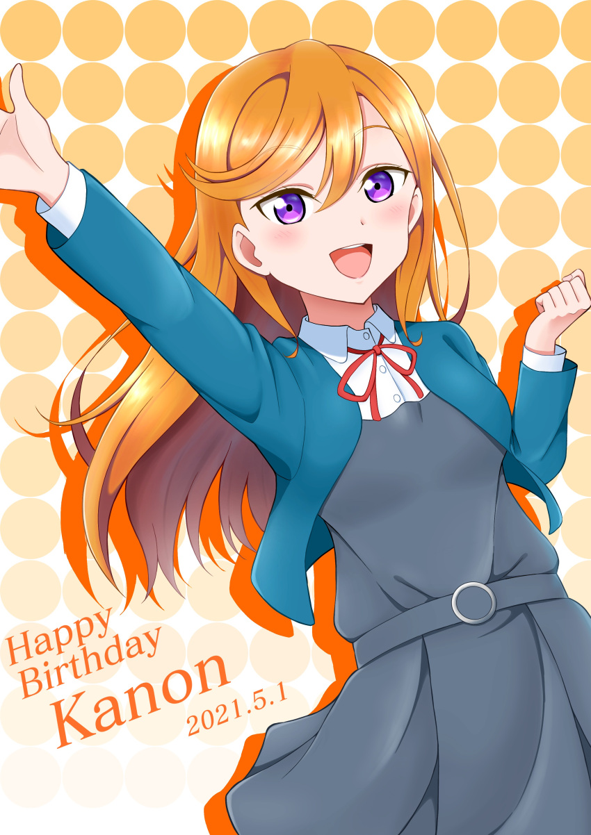 1girl absurdres arm_up blue_jacket blush character_name clenched_hand collared_shirt commentary_request cropped_jacket dated dress dutch_angle grey_dress happy_birthday haruharo_(haruharo_7315) highres jacket long_hair long_sleeves looking_at_viewer love_live! love_live!_superstar!! neck_ribbon open_clothes open_jacket open_mouth orange_hair orange_outline pinafore_dress polka_dot polka_dot_background purple_eyes red_ribbon ribbon school_uniform shibuya_kanon shirt sleeveless sleeveless_dress solo standing upper_body white_shirt winter_uniform yuigaoka_school_uniform