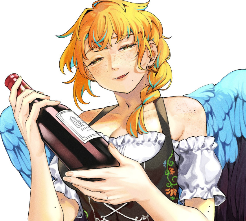 1girl barmaid bird_wings blue_hair blue_wings bodice body_freckles bottle braid dirndl fangs feathered_wings freckles german_clothes green_eyes hair_over_shoulder half-closed_eyes hands_up highres holding holding_bottle long_hair looking_at_viewer mole mole_on_body mole_under_mouth multicolored_hair open_mouth orange_hair original red_pupils rramarukun simple_background single_braid solo streaked_hair upper_body white_background wings