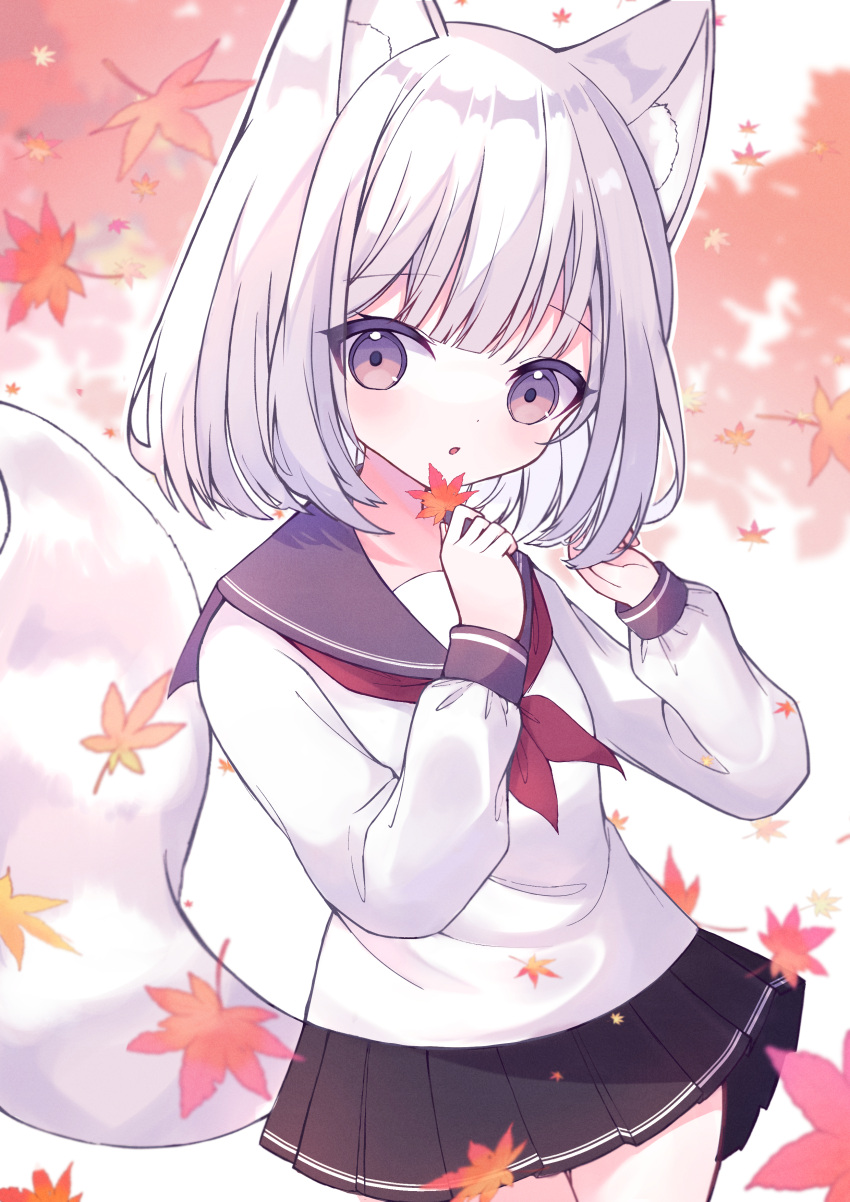 1girl absurdres animal_ear_fluff animal_ears autumn_leaves fox_ears fox_girl fox_tail future_c0v0c highres holding holding_leaf leaf long_sleeves maple_leaf neckerchief original parted_lips pleated_skirt purple_eyes school_uniform serafuku short_hair skirt solo tail white_hair