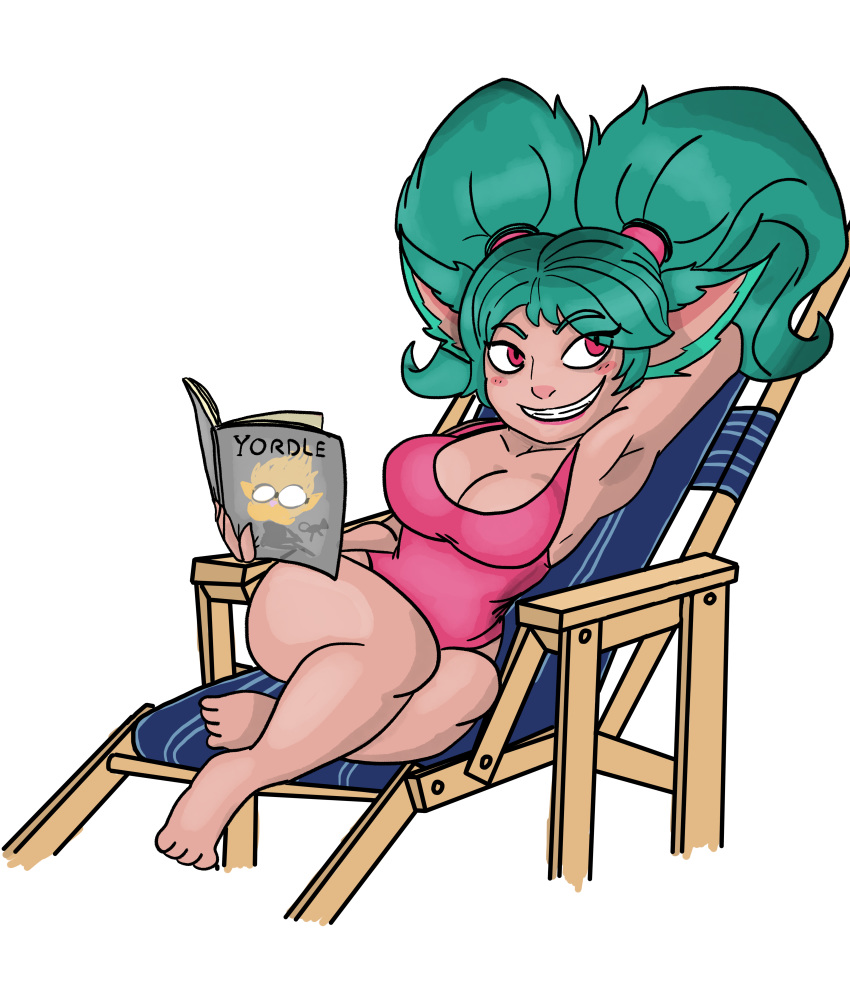 alternate_costume beach big_breasts breasts female green_hair hair heimerdinger_(lol) invalid_background league_of_legends log_draws lounging pigtails poppy poppy_(lol) riot_games seaside shortstack video_games wide_hips yordle