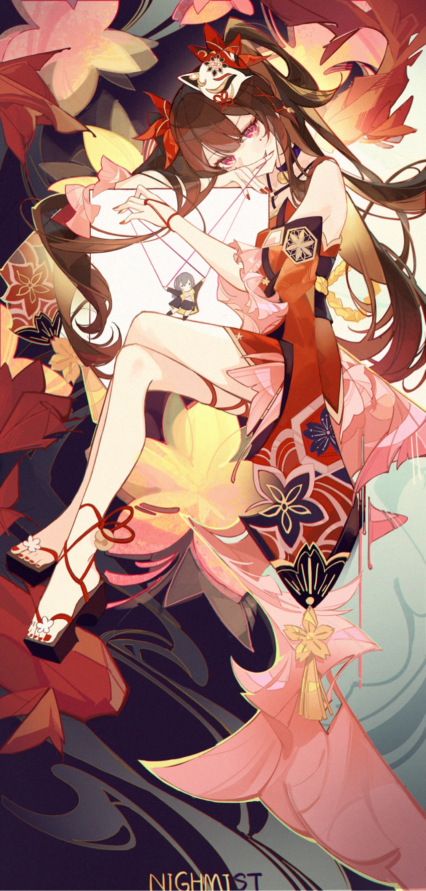 1girl artist_name bell black_choker brown_hair character_doll choker commentary_request covering_own_mouth criss-cross_halter crossed_legs dress fish flower fox_mask full_body halterneck hand_over_own_mouth highres honkai:_star_rail honkai_(series) long_hair looking_at_viewer mask mask_on_head nail_polish neck_bell open_mouth pink_eyes pink_flower puppet puppet_strings red_dress red_nails sandals smile solo sparkle_(honkai:_star_rail) stelle_(honkai:_star_rail) tassel themoonstarsandyou toenail_polish toenails trailblazer_(honkai:_star_rail) very_long_hair