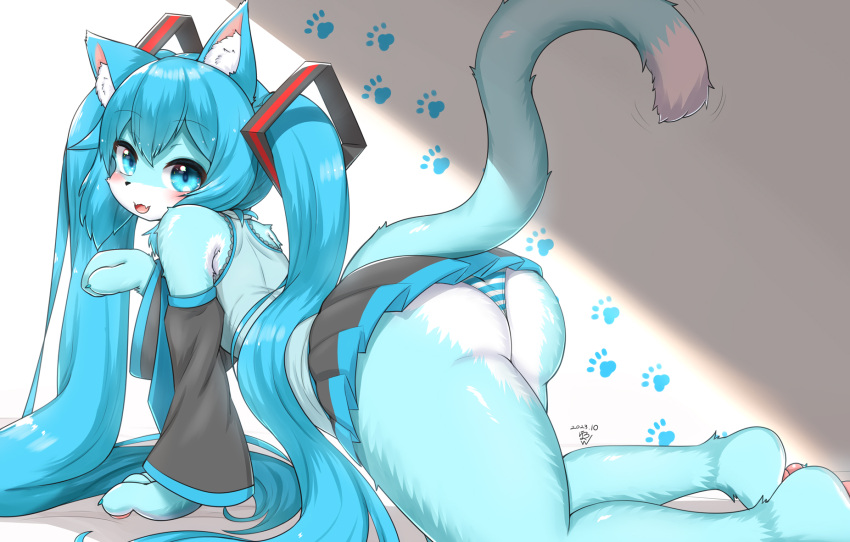 1girl all_fours animal_ear_fluff animal_ears ass barefoot black_skirt black_sleeves blue_eyes blue_hair blue_necktie blue_panties blush cat_ears cat_girl cat_tail commentary_request dated detached_sleeves fangs full_body furrification furry furry_female grey_shirt hair_ornament hatsune_miku highres horokusa_(korai) long_hair long_sleeves looking_at_viewer looking_back medium_bangs miniskirt necktie open_mouth panties paw_print paw_print_background pleated_skirt shirt skirt sleeveless sleeveless_shirt smile solo striped_clothes striped_panties tail tail_raised twintails underwear very_long_hair vocaloid white_panties