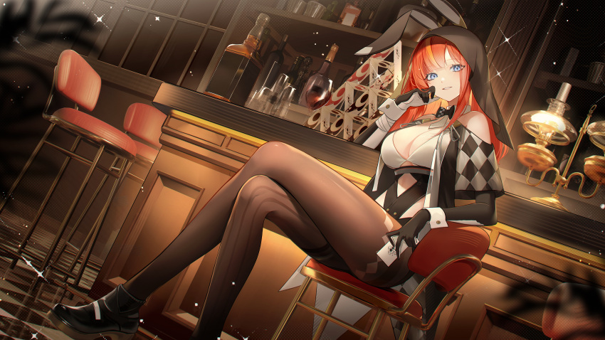 1girl absurdres alcohol black_gloves blue_eyes blush chair character_request checkered_floor crossed_legs gloves highres long_hair necktie no_bra pantyhose red_hair smile snowbreak:_containment_zone veil zaocan_nai_cha