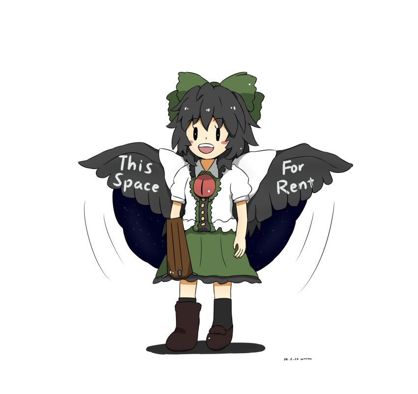 1girl :d arm_cannon artist_name asymmetrical_footwear bird_wings black_hair black_socks black_wings blush_stickers bow brown_footwear buttons cape center_frills collared_shirt commentary_request control_rod dated english_text frilled_shirt_collar frilled_skirt frills full_body green_bow green_skirt hair_bow highres long_hair looking_at_viewer medium_bangs mismatched_footwear motion_lines open_mouth print_cape puffy_short_sleeves puffy_sleeves reiuji_utsuho shirt short_sleeves simple_background skirt smile socks solid_oval_eyes solo standing starry_sky_print teeth third_eye touhou toy_story two-sided_cape two-sided_fabric upper_teeth_only wassan_(user_evmn3238) weapon white_background white_cape white_shirt wings