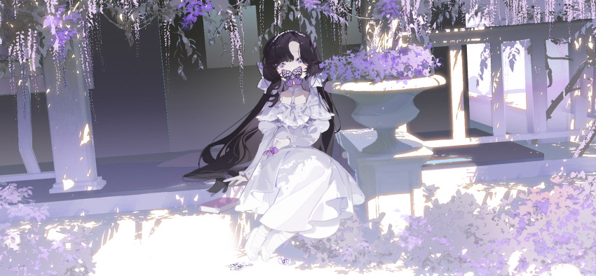 1girl aged_down arm_support black_hair butterfly_on_mouth dress flower full_body highres isolde_(reverse:1999) juliet_sleeves long_dress long_hair long_sleeves looking_at_viewer lumos puffy_sleeves purple_eyes purple_flower railing reverse:1999 shadow sitting solo sunlight white_dress wide_shot wisteria