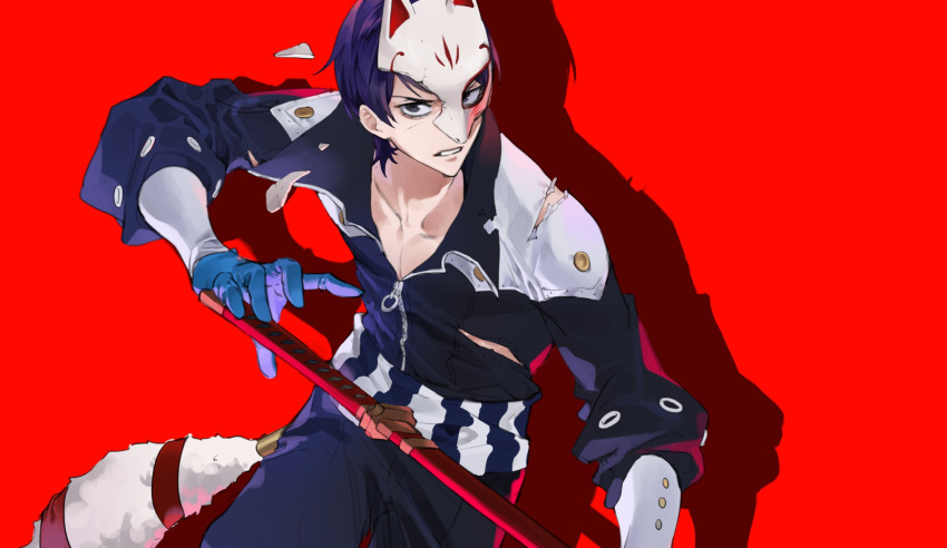 1boy azicmot blue_eyes blue_gloves blue_hair collarbone gloves highres holding holding_sword holding_weapon kitagawa_yuusuke looking_at_viewer male_focus open_mouth parted_lips persona persona_5 red_background shadow sheath sheathed simple_background solo sword torn_clothes weapon zipper