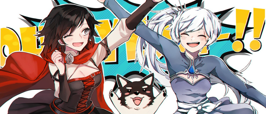 :d ;d ^_^ blush chinese_commentary cleavage_cutout closed_eyes collaboration commentary_request ecru english esu_(transc) high_five multiple_girls one_eye_closed open_mouth ruby_rose rwby scar scar_across_eye smile sound_effects weiss_schnee welsh_corgi zwei_(rwby)