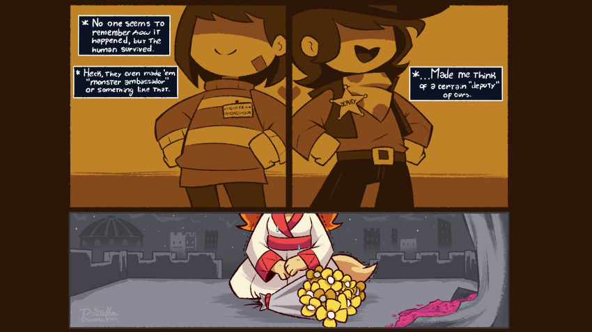 ambiguous_gender anthro asian_clothing badge bodily_fluids canid canine ceroba_ketsukane city cityscape clothing clover_(undertale_yellow) comic cowboy_hat crying dialogue dialogue_box digital_media_(artwork) east_asian_clothing english_text female flower fox frisk_(undertale) gianluu1999 hair hat headgear headwear hi_res human japanese_clothing kimono mammal open_mouth petals plant rooftop smile tears text undertale undertale_(series) undertale_yellow