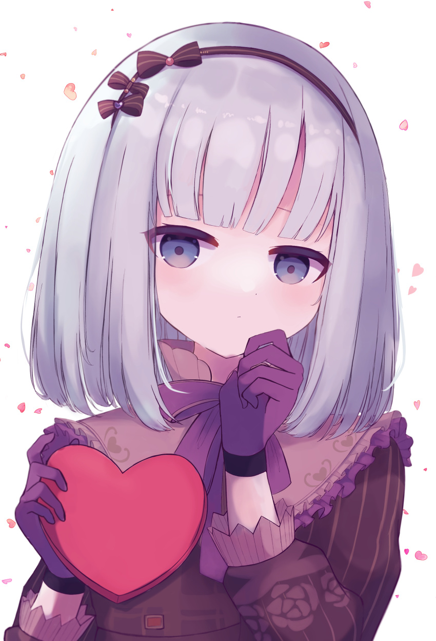 1girl absurdres blue_eyes bow bow_hairband box candle_no_kaori_wa_omoide_to_tomo_ni_(project_sekai) expressionless future_c0v0c gloves grey_hair hairband hand_on_own_chin heart-shaped_box high_collar highres holding holding_box long_sleeves looking_at_viewer medium_hair project_sekai solo upper_body yoisaki_kanade