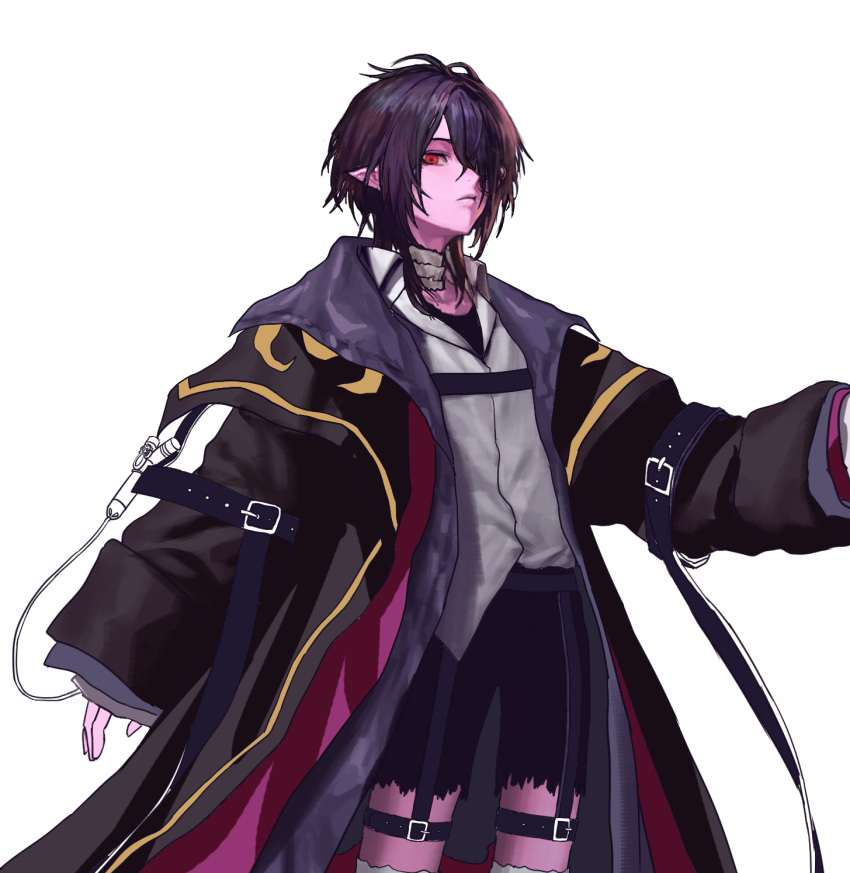 1boy arm_belt bandaged_neck bandages belt black_coat black_hair chest_belt child closed_eyes coat collared_shirt colored_skin dimension_walker_(dungeon_and_fighter) dungeon_and_fighter expressionless geebee_79 hair_over_one_eye highres long_sleeves looking_at_viewer looking_down male_focus male_mage_(dungeon_and_fighter) medium_hair messy_hair oversized_clothes parted_bangs pointy_ears purple_coat purple_skin red_eyes shirt shorts simple_background solo strap thigh_belt thigh_strap torn_clothes torn_shorts upper_body white_background white_shirt wolf_cut