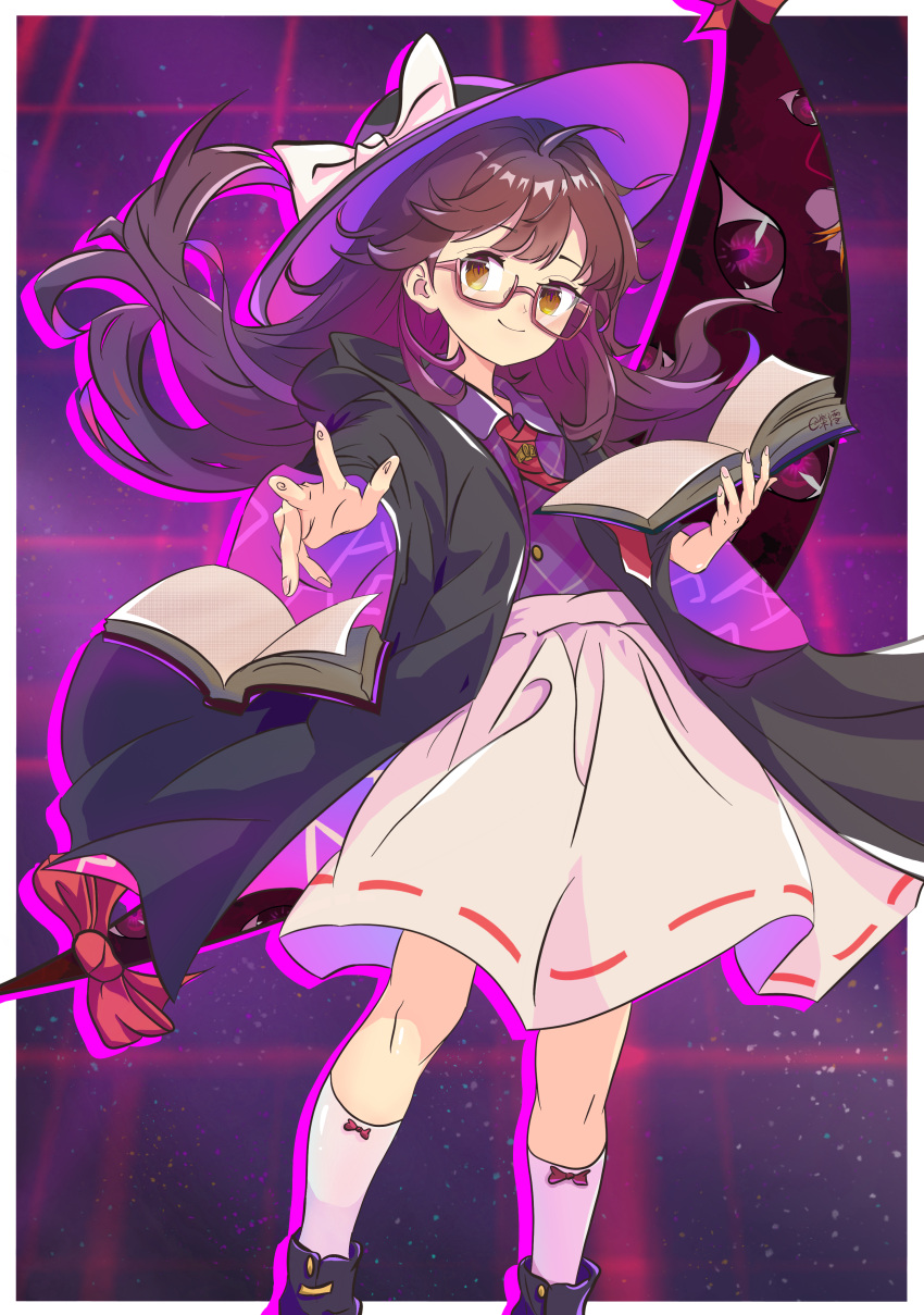 1girl absurdres black_coat black_footwear black_hat book border bow brown_hair chinese_commentary closed_mouth coat commentary_request floating_hair gap_(touhou) glasses grid_background hat hat_bow highres holding holding_book kagurachiriri long_hair open_book outline outside_border pink_outline purple_shirt reaching reaching_towards_viewer red-framed_eyewear red_bow red_ribbon red_tie ribbon ribbon-trimmed_skirt ribbon_trim shirt skirt smile socks solo telekinesis touhou usami_sumireko white_border white_bow white_skirt white_socks