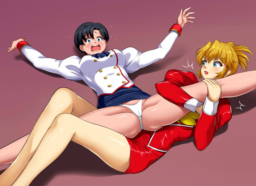 2girls agent_aika aika_(series) ass black_hair blue_eyes blue_skirt blush breasts brown_hair buttons cameltoe catfight commentary crotch_seam delmogeny_uniform double-breasted earrings english_commentary folded_ponytail groin highres jacket jewelry juliet_sleeves large_breasts leg_lock legs long_hair long_sleeves lying multiple_girls nina_esuko on_back on_floor open_mouth panties pencil_skirt puffy_sleeves red_jacket red_skirt skirt split spread_legs sumeragi_aika thighs underwear uniform white_delmo white_jacket white_panties wrestling yomitrooper yuri