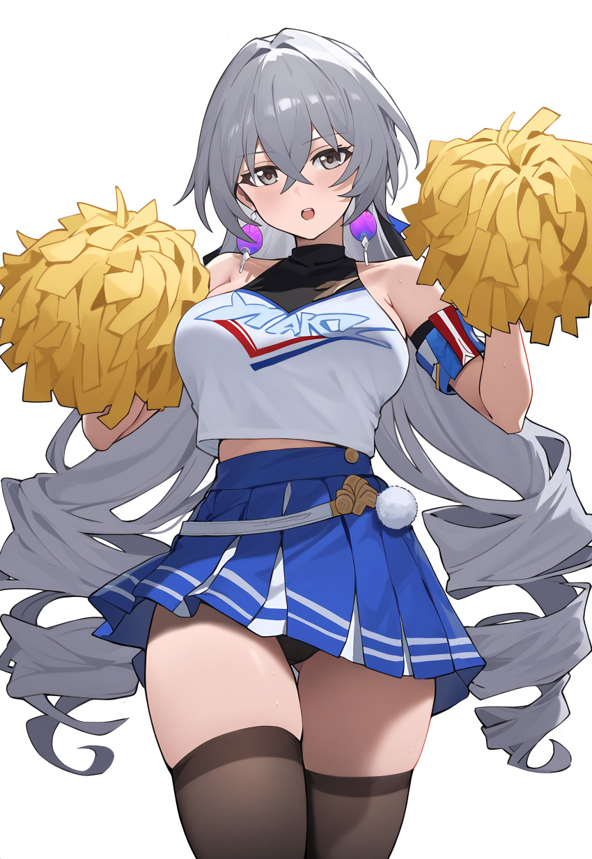 1girl absurdres ai-generated alternate_costume armband bare_shoulders black_panties black_thighhighs blue_skirt breasts bronya_rand cheerleader commentary cowboy_shot crossed_bangs drill_hair earrings grey_eyes grey_hair hair_intakes hashtag_only_commentary highres holding holding_pom_poms honkai:_star_rail honkai_(series) jewelry large_breasts long_hair looking_at_viewer midriff open_mouth panties pleated_skirt pom_pom_(cheerleading) shirt simple_background skindentation skirt sleeveless sleeveless_shirt solo thighhighs twin_drills two-tone_shirt underwear very_long_hair white_background zero_(qingsongzero)