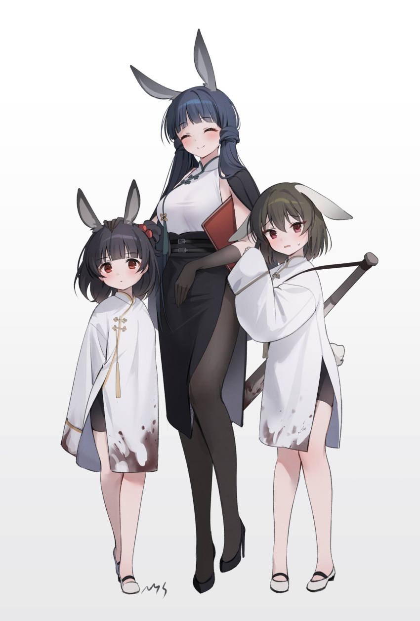 3girls ^_^ animal_ears artist_name baseball_bat bike_shorts black_gloves black_hair black_pantyhose blush chinese_clothes closed_eyes dress full_body gloves green_hair hanfu highres idolmaster idolmaster_million_live! kemonomimi_mode kitakami_reika looking_at_viewer lop_rabbit_ears multiple_girls nagayoshi_subaru nakatani_iku nys pantyhose rabbit_ears rabbit_tail signature simple_background smile tail white_background white_dress white_hanfu