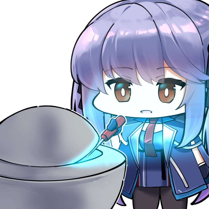 1girl azur_lane black_pantyhose blue_light brown_eyes cherenkov_radiation chibi chibi_only collared_jacket commission demon_core english_commentary essex_(azur_lane) highres holding holding_screwdriver irkawaza jacket long_hair necktie pantyhose purple_hair purple_jacket red_necktie screwdriver solo