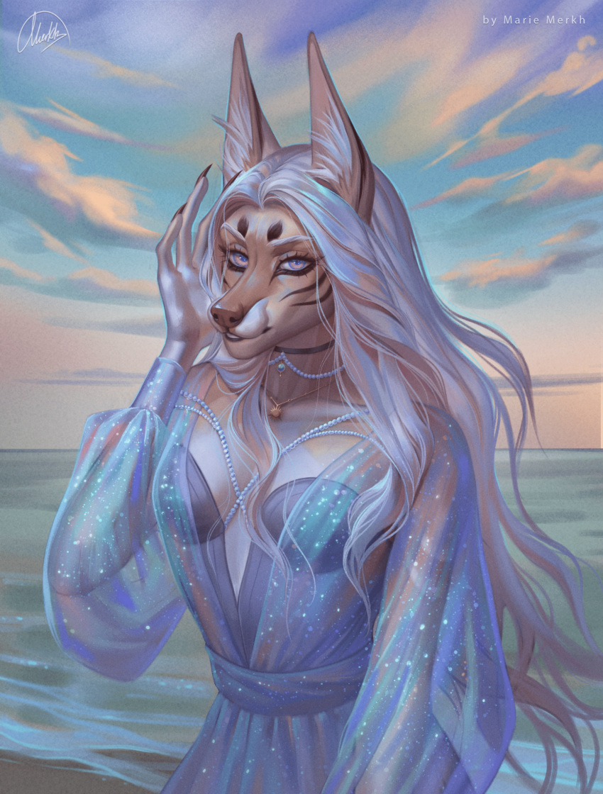 alison_holt_(character) anthro artist_name beach blue_clothing blue_dress blue_eyes blue_sky brown_markings canid clothed clothing cloud dress facial_markings female hair half-length_portrait head_markings hi_res inner_ear_fluff long_hair looking_at_viewer mammal marie_merkh markings multicolored_eyes orange_eyes outside portrait seaside signature sky solo tan_body tuft two_tone_eyes white_body white_hair white_inner_ear_fluff