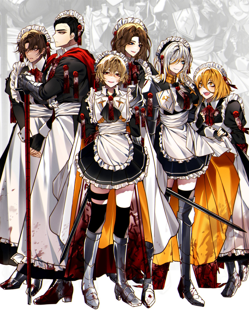 3boys 3girls absurdres alternate_costume apron armor armored_boots ascot black_ascot black_dress black_eyes black_gloves black_hair black_thighhighs blonde_hair blood blood_on_clothes blue_eyes blush boots brown_hair cape cherry_oux chromatic_aberration closed_mouth commentary constricted_pupils crazy_eyes crazy_smile crossdressing dark-skinned_male dark_skin don_quixote_(project_moon) dress empty_eyes english_commentary enmaided fang faust_(project_moon) fingerless_gloves frilled_apron frills full_body gauntlets gloves hair_between_eyes hair_over_one_eye hands_on_hilt heathcliff_(project_moon) high_heels highres holding holding_hands holding_sword holding_weapon holster juliet_sleeves limbus_company locked_arms long_dress long_hair long_sleeves looking_at_another looking_at_viewer maid maid_apron maid_headdress male_maid medium_hair meursault_(project_moon) multicolored_hair multiple_boys multiple_girls orange_cape pauldrons planted planted_sword project_moon puffy_sleeves purple_eyes red_eyes rodion_(project_moon) scar scar_on_cheek scar_on_face short_hair shoulder_armor simple_background sinclair_(project_moon) single_pauldron smile smirk standing streaked_hair sweat sword thigh_holster thighhighs two-sided_cape two-sided_fabric two-tone_hair v_arms very_short_hair wax_seal weapon white_apron white_background white_cape white_hair zoom_layer