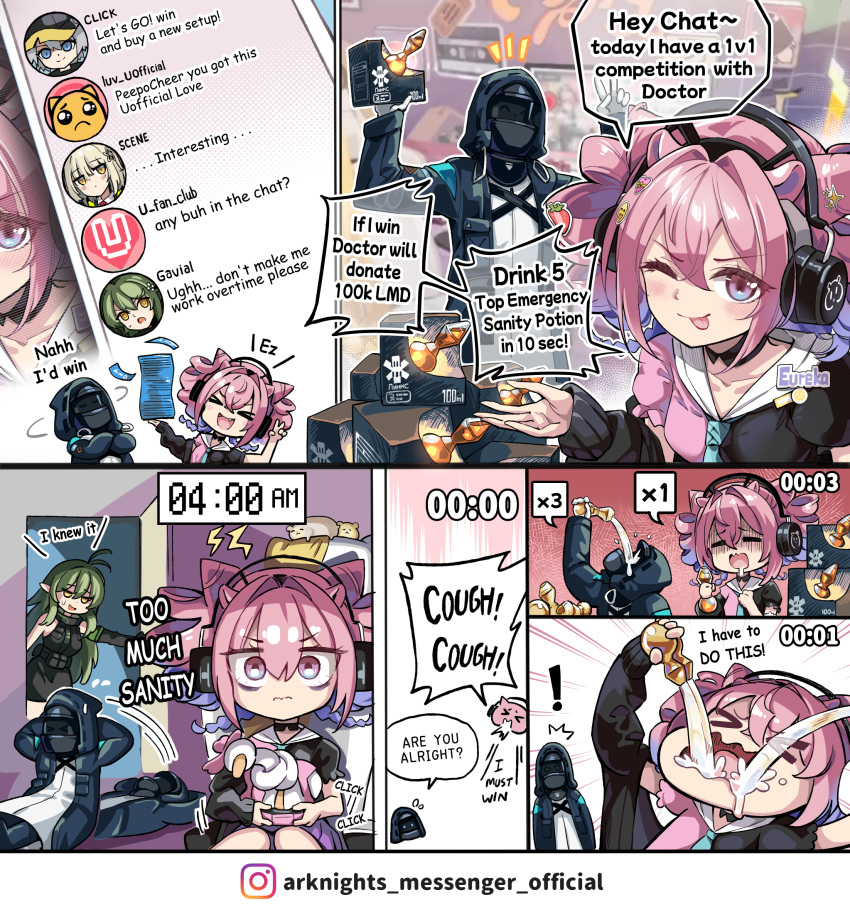 1other 2girls arknights chat_log click_(arknights) controller doctor_(arknights) drinking english_text extra_ears game_controller gavial_(arknights) green_hair headphones highres hm_(hmongt) holding holding_controller holding_game_controller lungmen_dollar multiple_girls one_eye_closed pink_hair playing_games pointy_ears sanity_potion_(arknights) scene_(arknights) social_network speech_bubble u-official_(arknights)