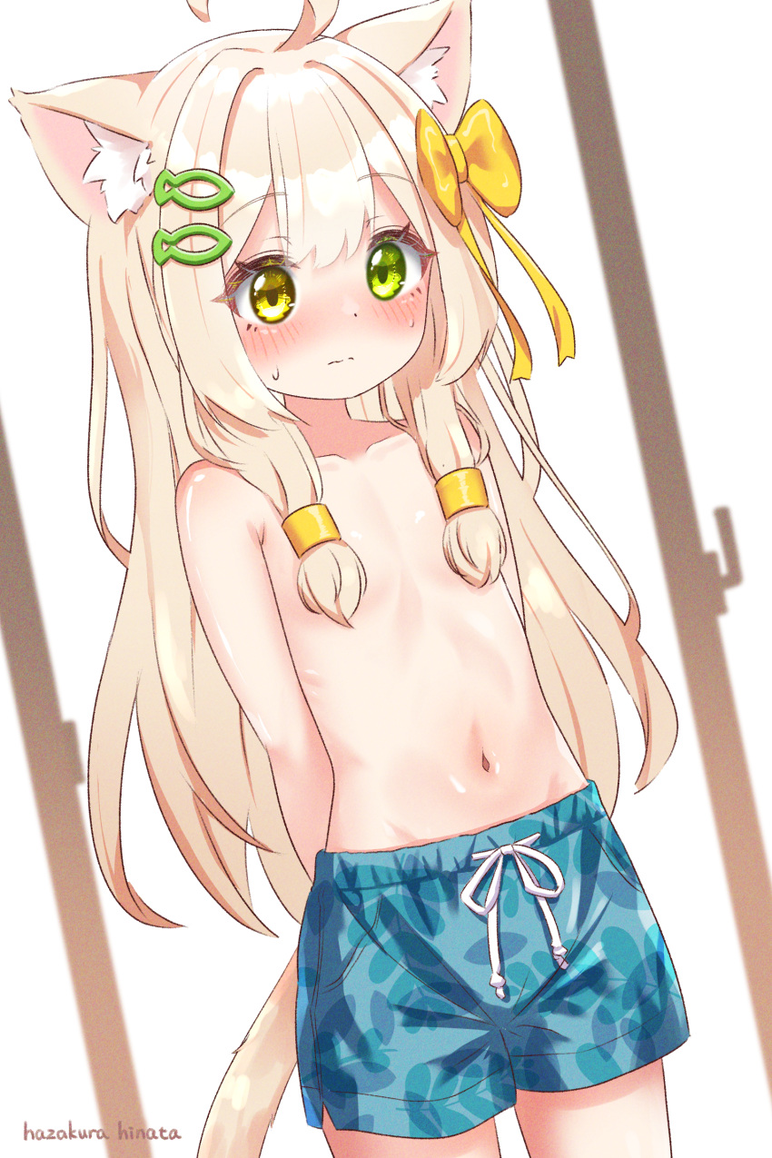 1girl absurdres animal_ear_fluff animal_ears arms_behind_back artist_name blonde_hair bow cat_ears cat_girl cat_tail commentary_request embarrassed fish_hair_ornament green_eyes hair_bow hair_censor hair_ornament hair_over_breasts hazakura_hinata heterochromia highres kurumi_(hazakura_hinata) long_hair male_swimwear male_swimwear_challenge navel original solo stomach sweat swim_trunks tail topless variant_set yellow_eyes