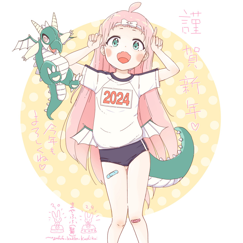 1girl 2024 absurdres ahoge aqua_eyes bandaid bandaid_on_leg blush bow_hairband buruma chinese_zodiac dragon dragon_tail dragon_wings fangs hairband highres horns_pose long_hair looking_at_viewer low_wings mayafufu mini_wings original pink_hair shirt short_sleeves skin_fangs tail tareme white_hairband white_shirt wings year_of_the_dragon