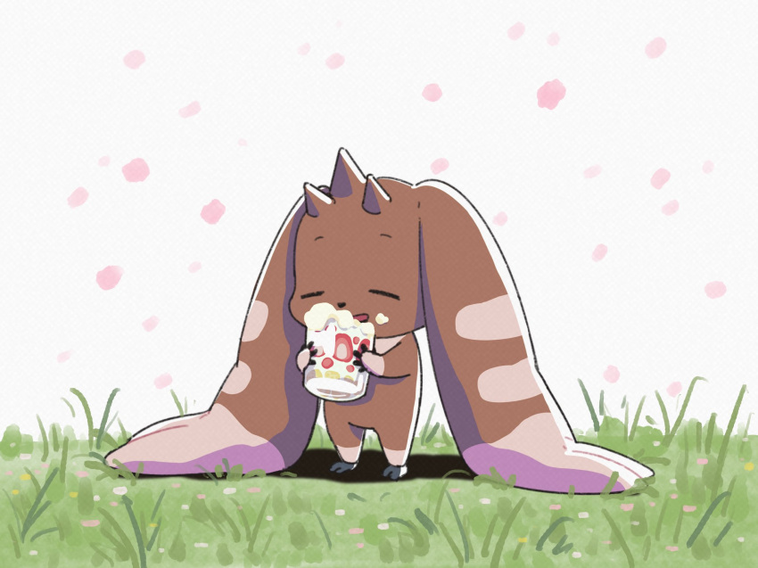 animal_ears brown_fur closed_eyes digimon digimon_(creature) eating hamoo8686 highres horns lop_rabbit_ears lopmon on_grass open_mouth rabbit_ears simple_background solo standing white_background
