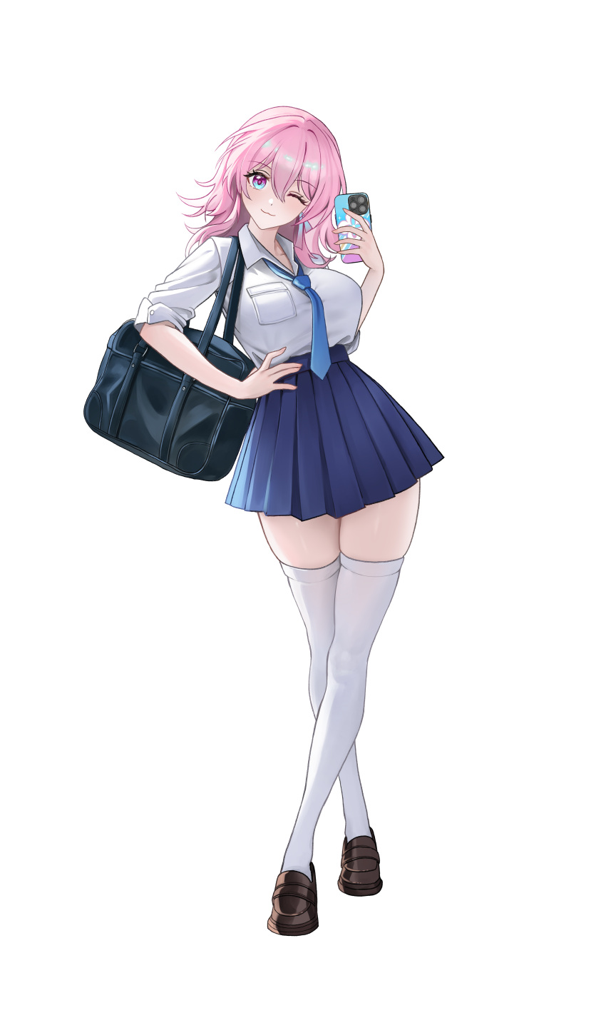 1girl 4meart0112 absurdres alternate_costume bag black_footwear blue_necktie blue_skirt closed_mouth commentary_request crossed_legs hand_on_own_hip hand_up highres holding holding_phone honkai:_star_rail honkai_(series) looking_at_viewer march_7th_(honkai:_star_rail) medium_hair necktie one_eye_closed phone pink_hair pleated_skirt purple_eyes school_bag school_uniform shirt simple_background skirt sleeves_rolled_up solo standing thighhighs thighs white_background white_shirt white_thighhighs zettai_ryouiki