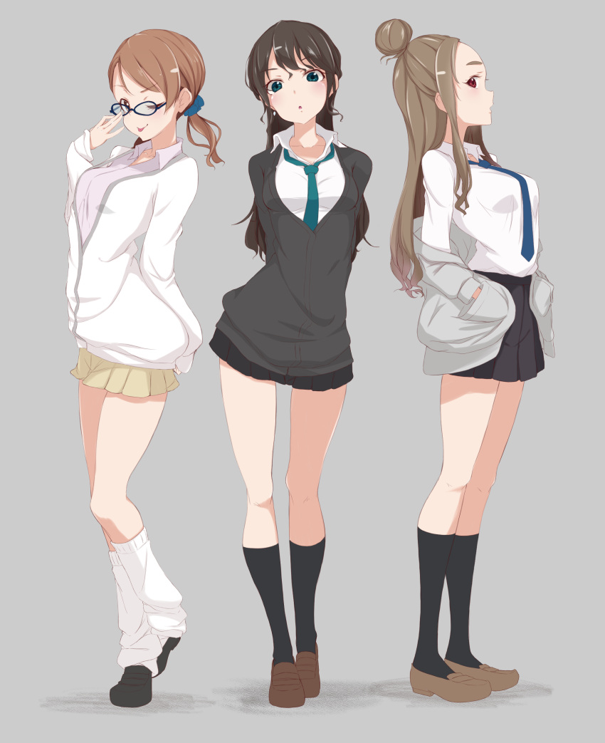 3girls :o absurdres alternate_hairstyle bespectacled black-framed_eyewear black_cardigan black_hair black_skirt black_socks blush breasts brown_hair cardigan commentary_request forehead full_body glasses grey_background grey_jacket hair_bun highres hojo_karen idolmaster idolmaster_cinderella_girls jacket kamiya_nao kneehighs looking_at_viewer loose_necktie loose_socks medium_breasts miniskirt multiple_girls necktie orange_hair pleated_skirt profile sakuragawa_mionoketsu school_uniform shibuya_rin sideways_glance simple_background single_hair_bun skirt smile socks tongue tongue_out triad_primus_(idolmaster) white_cardigan white_socks yellow_skirt