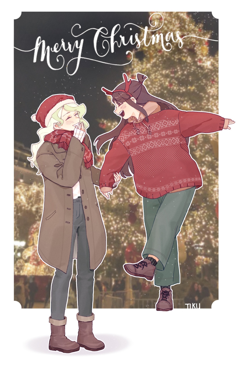 2girls absurdres antlers artist_name black_pants brown_coat brown_footwear brown_hair christmas christmas_tree closed_eyes coat commentary cursive diana_cavendish full_body green_hair hat highres holding_hands horns kagari_atsuko little_witch_academia long_hair long_sleeves merry_christmas multiple_girls night open_mouth outdoors pants red_hair red_scarf red_sweater reindeer_antlers santa_hat scarf smile sweater tiku_(ttcwf03)