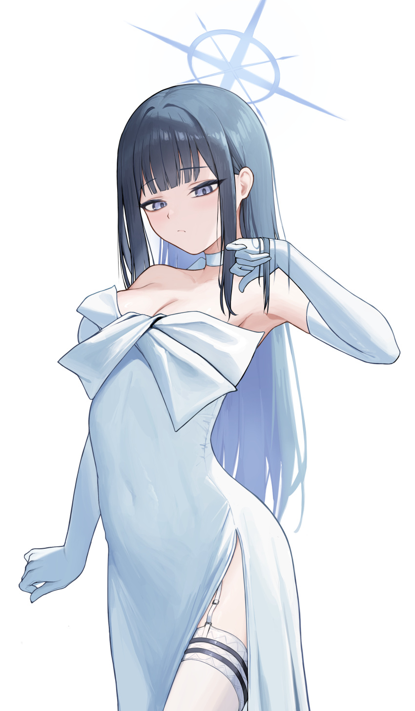 1girl absurdres black_hair blue_archive blue_eyes blue_halo blush breasts choker cleavage closed_mouth cowboy_shot dress elbow_gloves gloves halo highres large_breasts long_hair looking_at_viewer official_alternate_costume saori_(blue_archive) saori_(dress)_(blue_archive) simple_background solo soriham strapless strapless_dress thighhighs white_background white_choker white_dress white_gloves white_thighhighs
