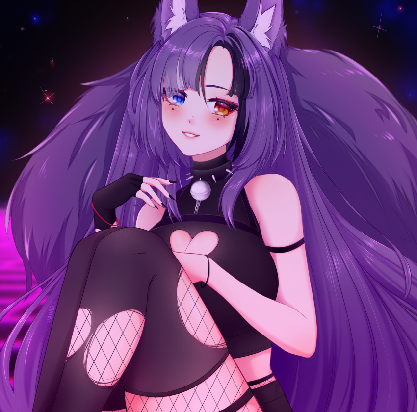 1girl absurdres animal_ear_fluff animal_ears awful_queen_(vtuber) bell black_nails breasts clothing_cutout fox_ears fox_girl fox_tail haharii heart_cutout heterochromia highres indie_virtual_youtuber looking_at_viewer monster_girl neck_bell purple_hair solo tail virtual_youtuber