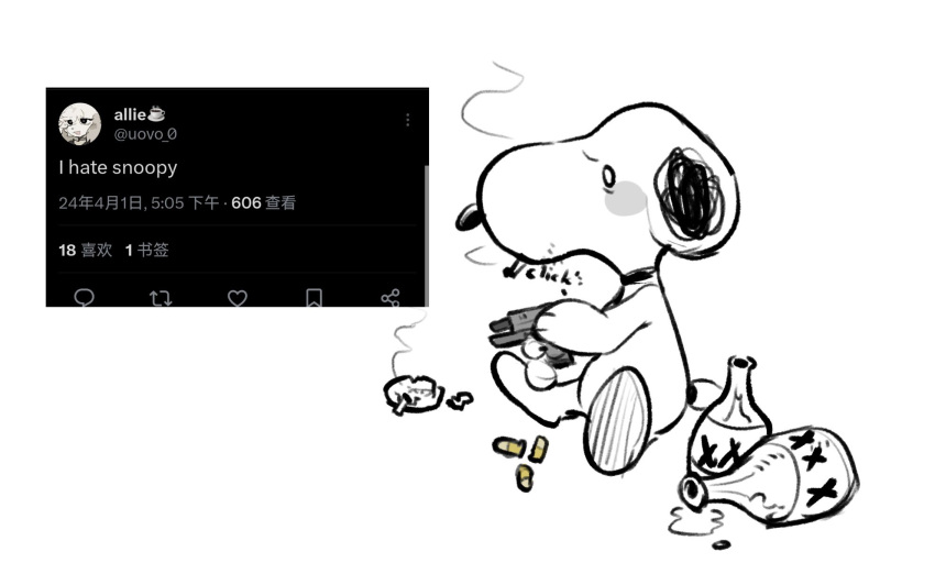 bullet canid canine canis cigarette domestic_dog drunk english_text gun hi_res holding_gun holding_object holding_ranged_weapon holding_weapon male mammal peanuts_(comic) ranged_weapon simple_background sitting smoking snoopy solo substance_intoxication text tobydoge weapon white_background