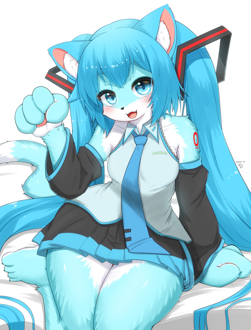 1girl animal_ear_fluff animal_ears barefoot black_skirt black_sleeves blue_eyes blue_hair blue_necktie blush breasts cat_ears cat_girl cat_tail commentary_request dated detached_sleeves fangs foot_out_of_frame furrification furry furry_female grey_shirt hatsune_miku highres horokusa_(korai) long_hair long_sleeves looking_at_viewer medium_bangs medium_breasts necktie open_mouth pleated_skirt shirt sitting skirt sleeveless sleeveless_shirt smile solo tail very_long_hair vocaloid