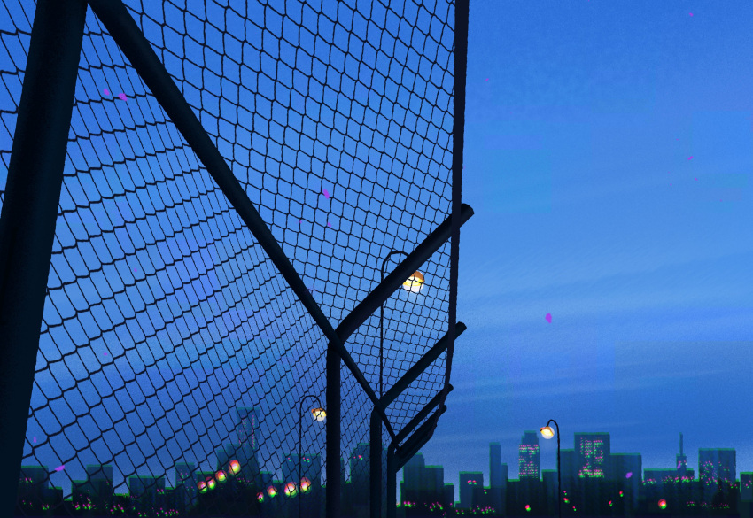 blue_sky building chain-link_fence chromatic_aberration city city_lights cityscape clear_sky dusk fence highres lamppost no_humans object_focus original outdoors poupee_(capo_sung) scenery sky skyscraper still_life