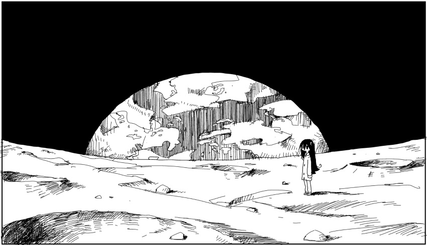 1girl earth_(planet) full_body greyscale highres long_hair monochrome moon on_moon planet shimeji_simulation solo space standing tsukishima_shijima tsukumizu_yuu very_long_hair wide_shot