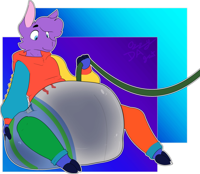 anthro blue_body blue_fur camelid clothing diaper fur hi_res hoodie hooves hose hose_inflation inflation larry_(ozzythegoat15) legwear llama male mammal mature_male purple_body purple_fur solo stockings topwear waterlogged_diaper