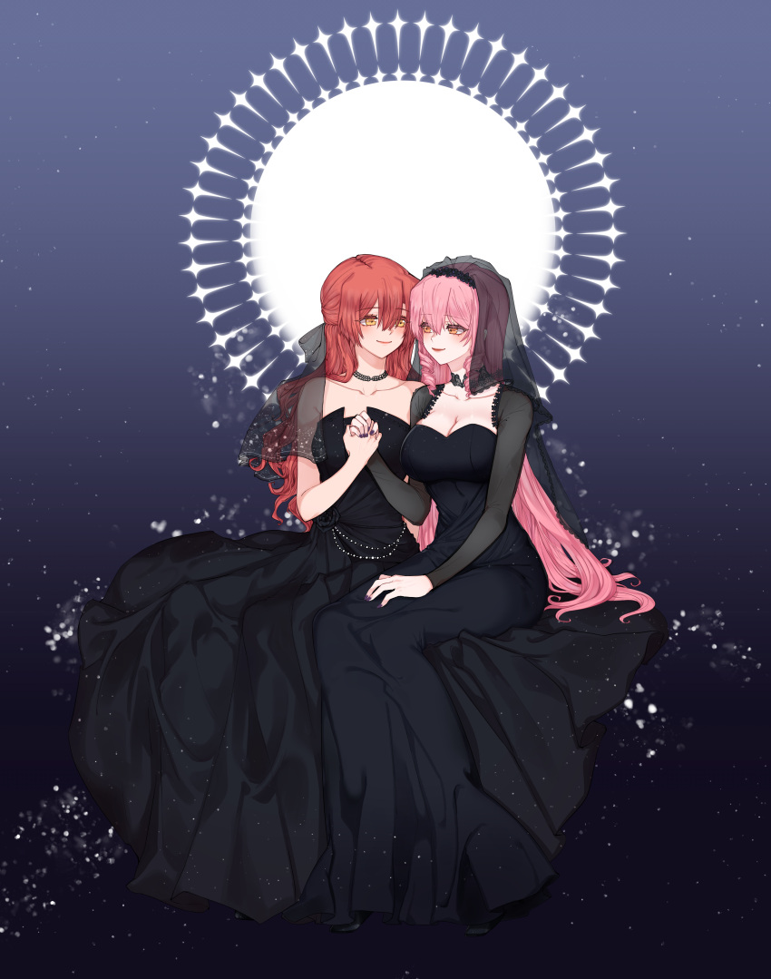 2girls aaaaddddd absurdres akuma_no_riddle black_dress breasts bridal_veil choker cleavage closed_mouth collarbone commentary couple dress drill_hair full_body hair_between_eyes highres holding_hands inukai_isuke korean_commentary long_dress long_hair long_sleeves medium_breasts multiple_girls nail_polish orange_eyes pink_hair red_hair sagae_haruki shrug_(clothing) sitting sleeveless sleeveless_dress smile strapless strapless_dress twin_drills veil very_long_hair wife_and_wife yellow_eyes yuri