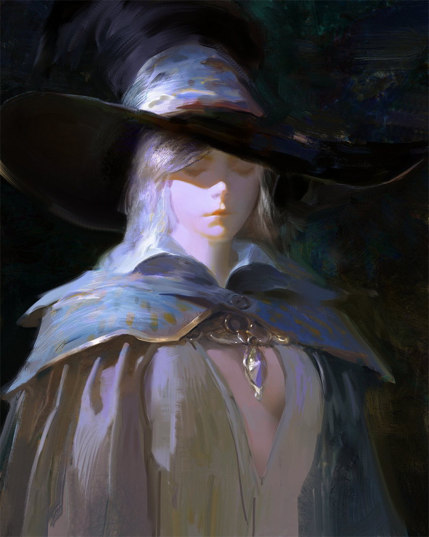 1girl black_background breasts cape capelet chiaroscuro cleavage cloak closed_mouth collared_robe commentary dark_background dress english_commentary facing_viewer faux_traditional_media gem hat highres jewelry lips long_hair medium_breasts necklace pendant realistic small_breasts solo upper_body white_dress white_hair witch_hat wizard_hat yuming_li