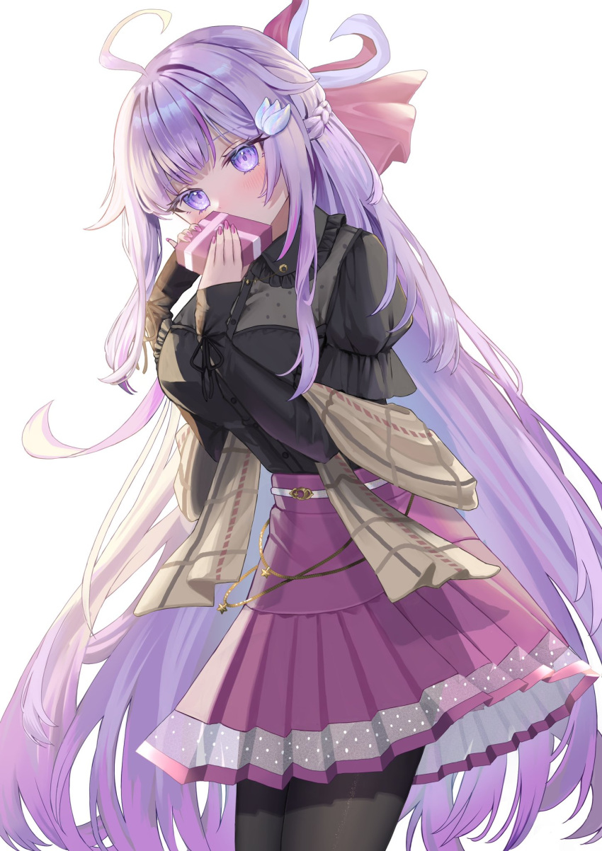 1girl ahoge black_pantyhose black_shirt blush box breasts brown_scarf buttons covering_own_mouth frilled_shirt_collar frills gift gift_box hair_ornament highres holding holding_gift long_hair na_sera nijisanji pantyhose pleated_skirt purple_eyes purple_hair purple_nails purple_skirt scarf shirt skirt solo star_(symbol) teacup_(teacup1031) very_long_hair virtual_youtuber